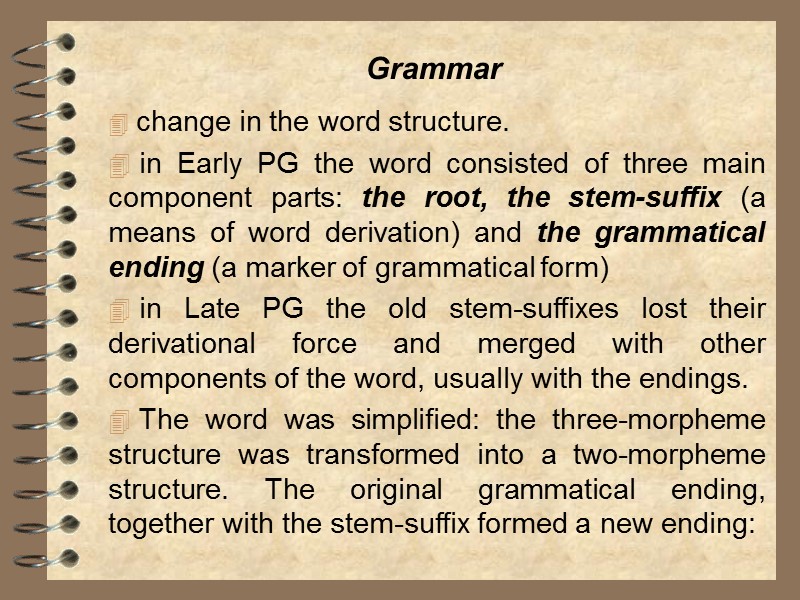Grammar  change in the word structure.  in Early PG the word consisted